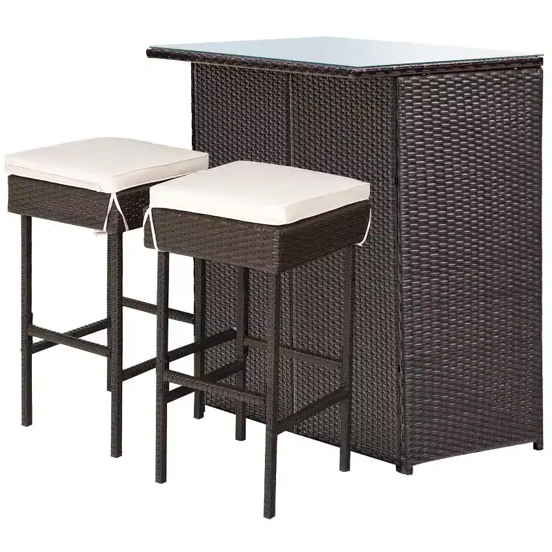 Costway Ensemble Table et 2 Tabourets de Bar en Rotin pour Patio, Chaises Rembourrées pour Jardin