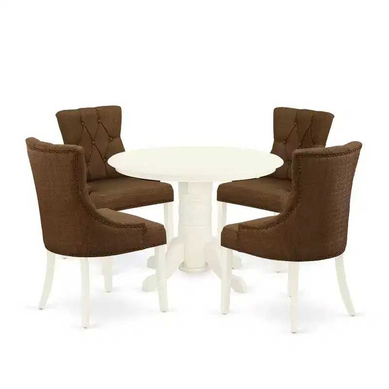 Table à manger HomeStock ronde 5 pièces en pin massif laqué blanc cassé et cerisier avec 4 chaises Parsons