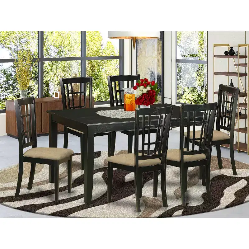 Ensemble de table à manger en bois d'hévéa avec 6 chaises rectangulaires pour salle à manger/cuisine, noir
