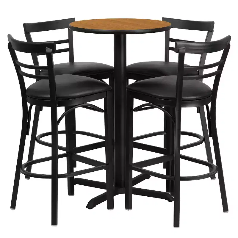 Ensemble table ronde stratifiée 24 pouces Flash Furniture avec piètement en X et 4 tabourets de bar en métal à dossier échelle à deux lattes
