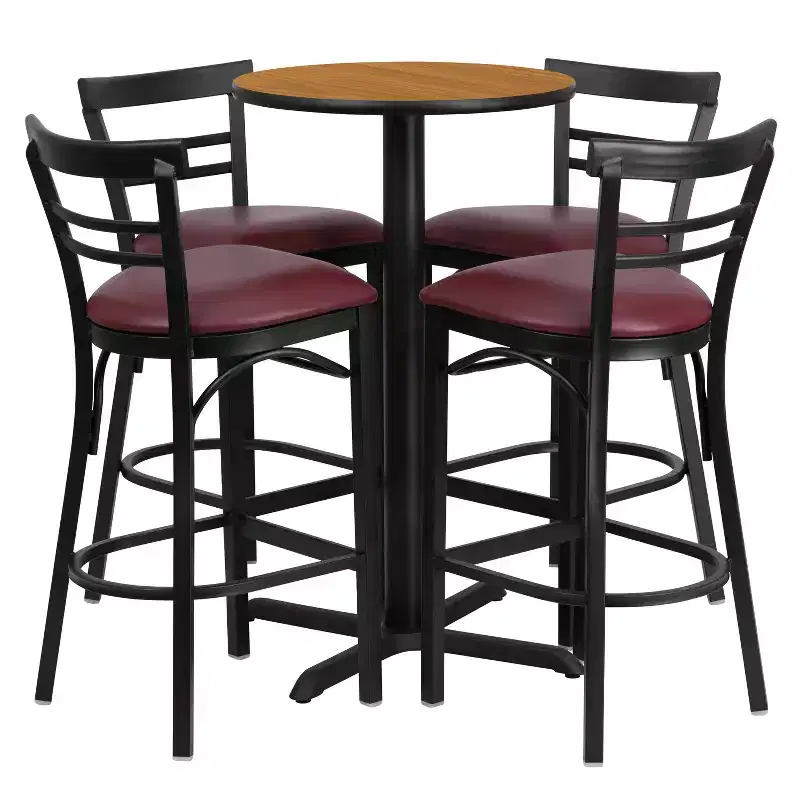 Ensemble table ronde stratifiée 24 pouces Flash Furniture avec piètement en X et 4 tabourets de bar en métal à dossier échelle à deux lattes