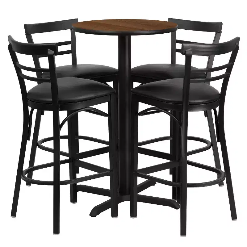 Ensemble table ronde stratifiée 24 pouces Flash Furniture avec piètement en X et 4 tabourets de bar en métal à dossier échelle à deux lattes
