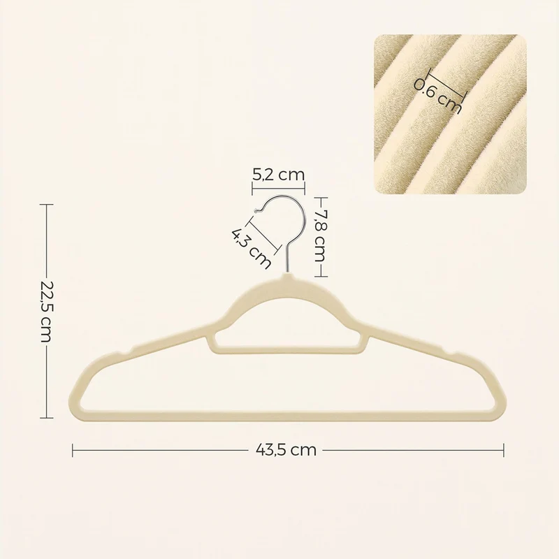 Lot de 20 cintres en velours antidérapants gain de place 43,5 x 0,6 x 22,5 cm pour manteaux chemises robes beige 12_0009339