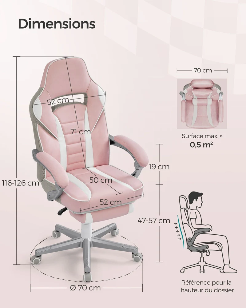 Fauteuil gamer ergonomique avec repose-pieds télescopique ajustable 67 x 66 x 126 cm en PU rose bonbon 12_0009104