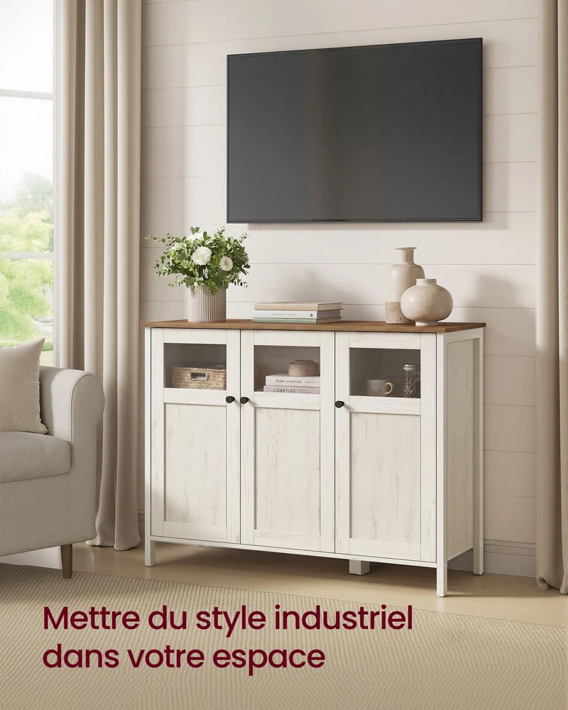 Buffet de rangement avec 3 portes pour salle à manger salon cuisine 100 x 35 x 75 cm style industriel en aggloméré noir 12_0009089