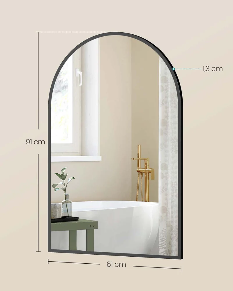 Miroir mural arqué décoratif 91 x 61 cm avec film de sécurité pour salle de bain chambre en verre noir d'encre 12_0012752
