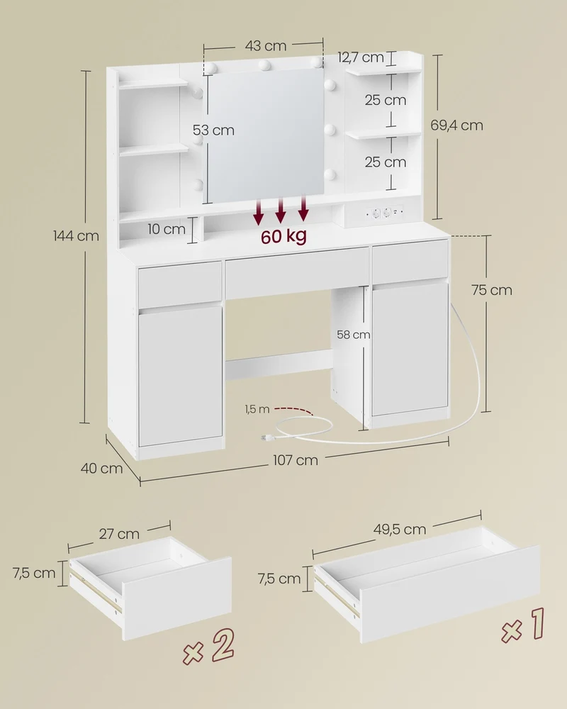 Coiffeuse avec miroir éclairage LED 40 x 107 x 144 cm rangement bijoux 9 tiroirs style moderne en panneau MDF blanc 12_0012674