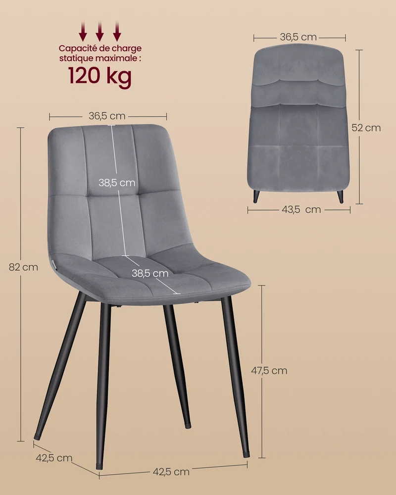 Lot de 4 chaises de salle à manger rembourrées modernes 52 x 43,5 x 82 cm confortables en velours gris ardoise 12_0012592