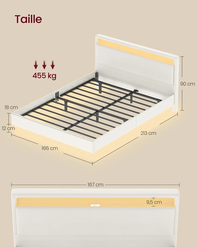 Lit double flottant avec éclairage LED 160 x 200 cm style moderne tête de lit haute en acier blanc 12_0012251