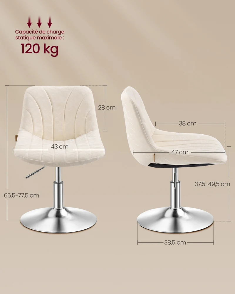 Chaise de coiffeuse réglable à 360° confortable 43 x 46 x 65,5-77,5 cm en cuir PU blanc chaud 12_0012133