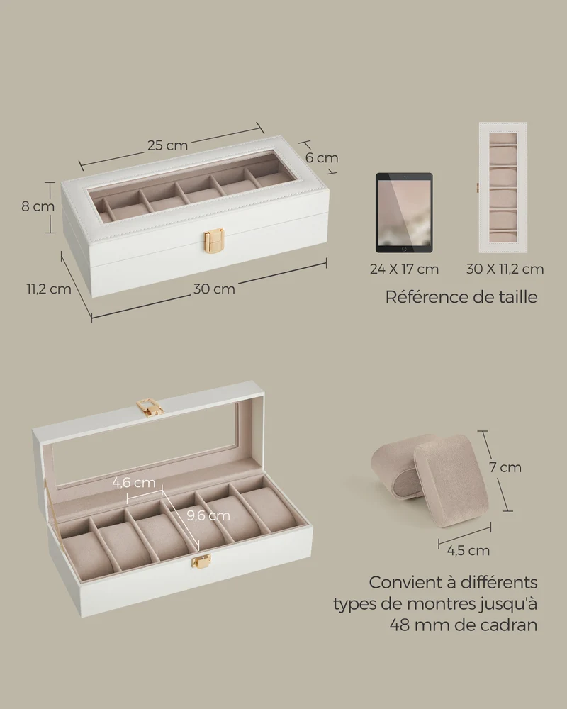 Boîte à montres 12 emplacements coussinets amovibles 11,2 x 30 x 8 cm en MDF blanc 12_0011619