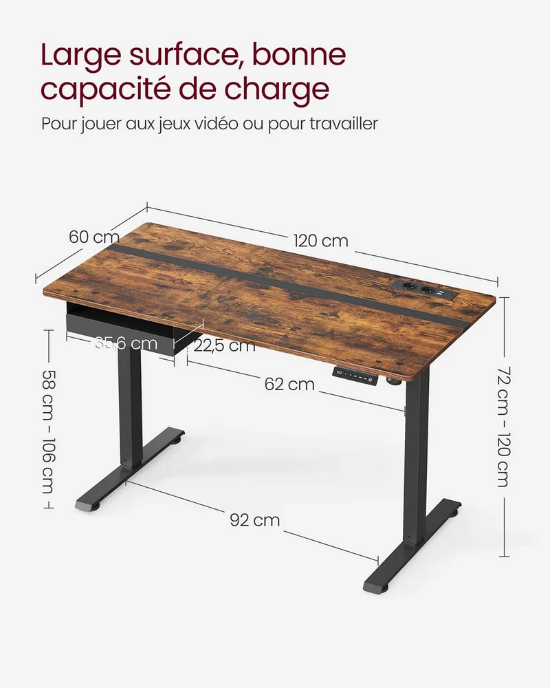 Bureau assis-debout réglable en hauteur 60 x 120 cm fonction mémoire ergonomique style rustique en aggloméré marron 12_0010944