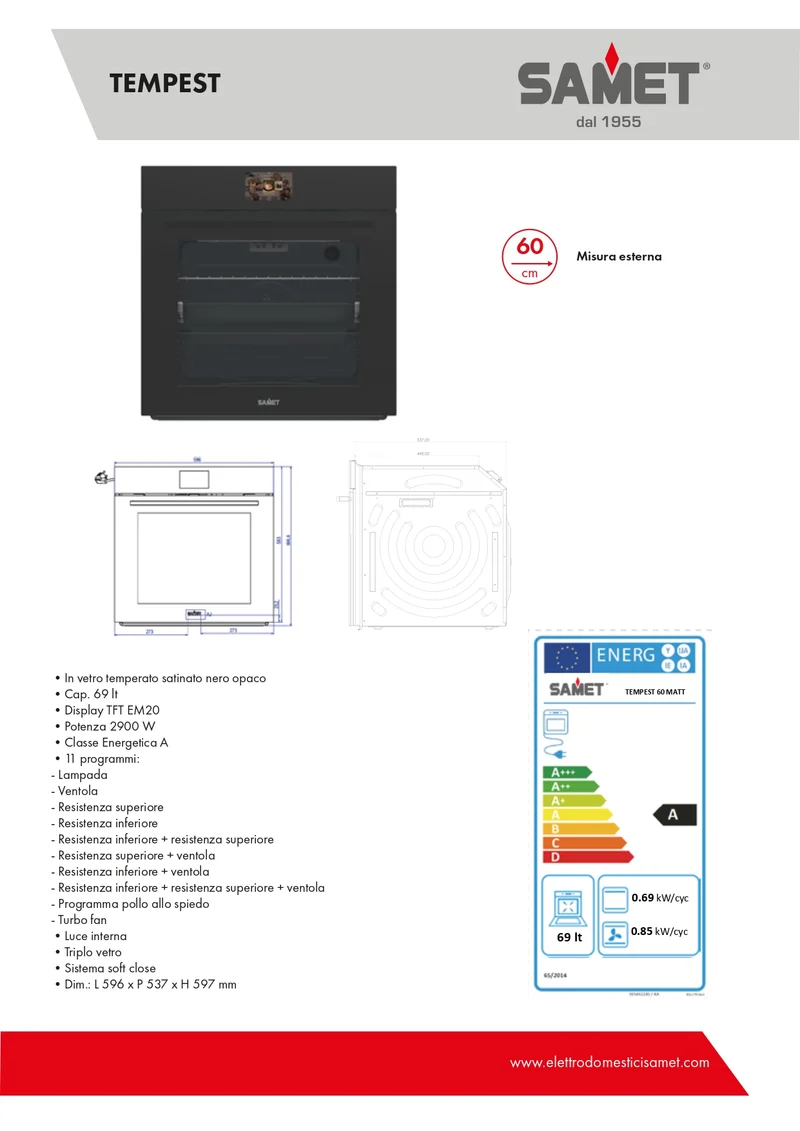 Forno elettrico multifunzione classe A colore nero opaco - Tempest