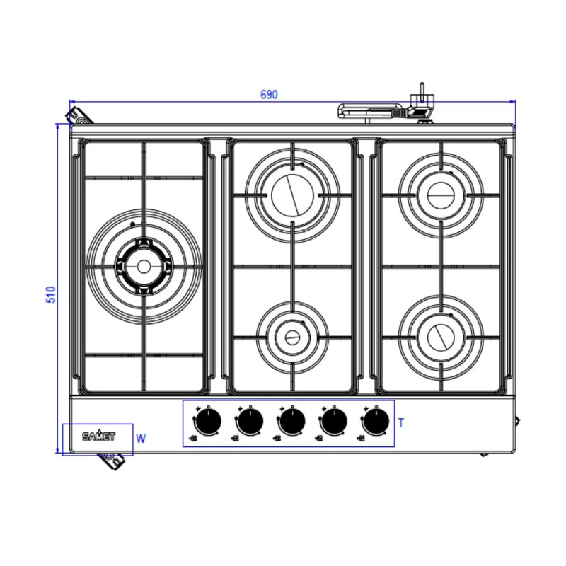 Piano cottura a gas in acciaio inox 5 fuochi 70 cm - Ercole 2.0