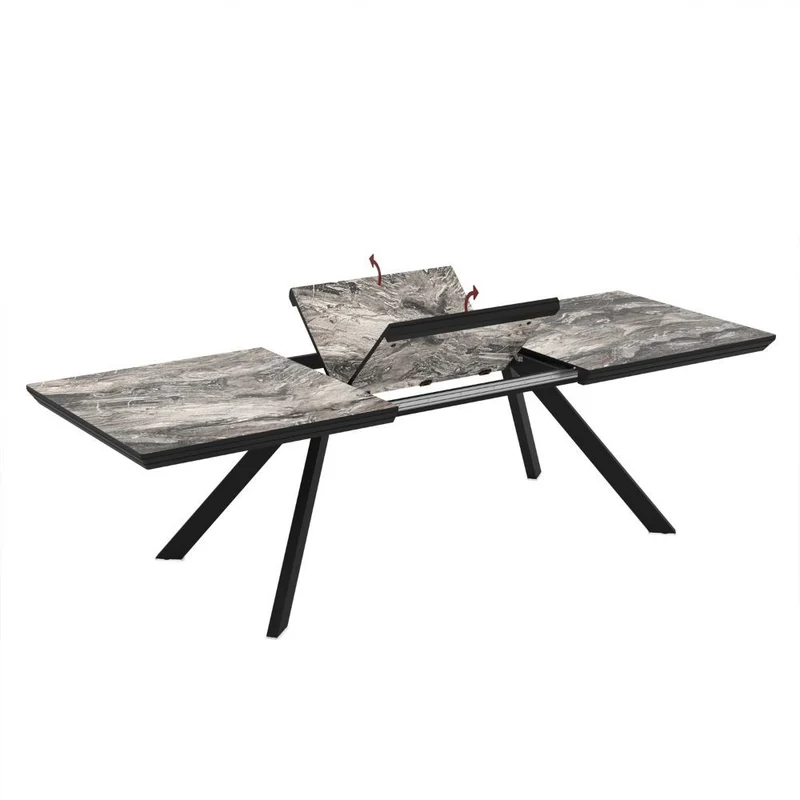 Tavolo allungabile piano effetto marmo nero arabesque lucido e gambe in metallo Corin 200x100x77H