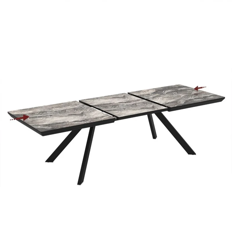Tavolo allungabile piano effetto marmo nero arabesque lucido e gambe in metallo Corin 200x100x77H