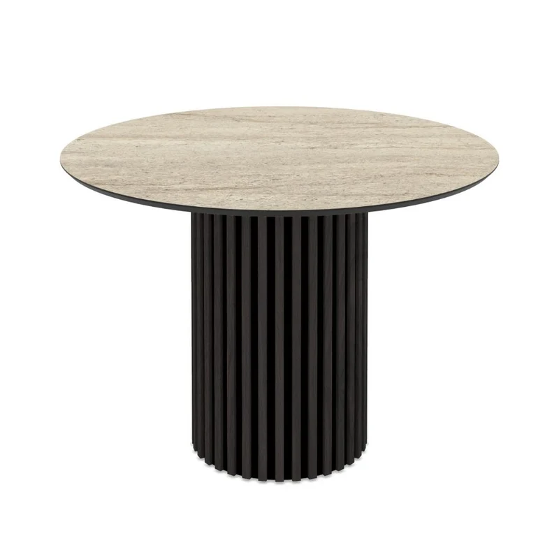 Tavolo rotondo con piano effetto marmo travertino e base nera cannettata 110x76H cm - Gredis