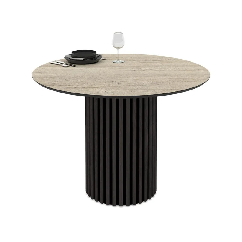 Tavolo rotondo con piano effetto marmo travertino e base nera cannettata 110x76H cm - Gredis