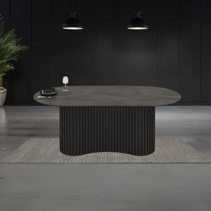 Tavolo ovale fisso con piano effetto marmo ardesia opaco e base in legno cannettata 200x100 cm - Darren