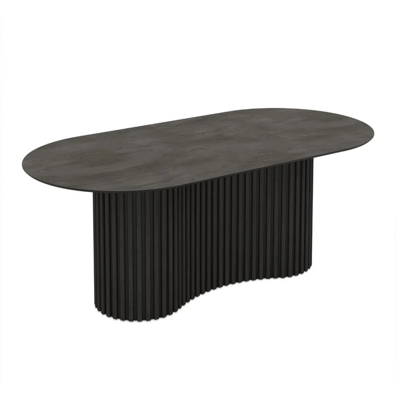 Tavolo ovale fisso con piano effetto marmo ardesia opaco e base in legno cannettata 200x100 cm - Darren