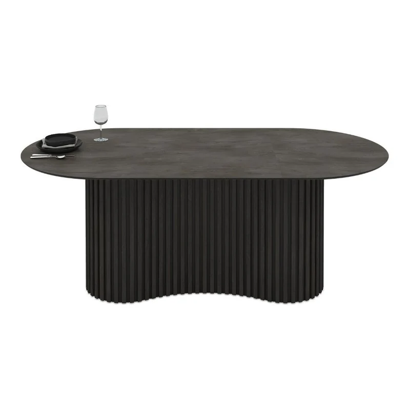 Tavolo ovale fisso con piano effetto marmo ardesia opaco e base in legno cannettata 200x100 cm - Darren