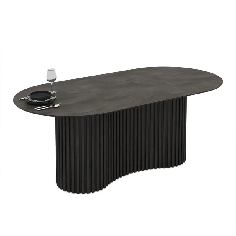 Tavolo ovale fisso con piano effetto marmo ardesia opaco e base in legno cannettata 200x100 cm - Darren