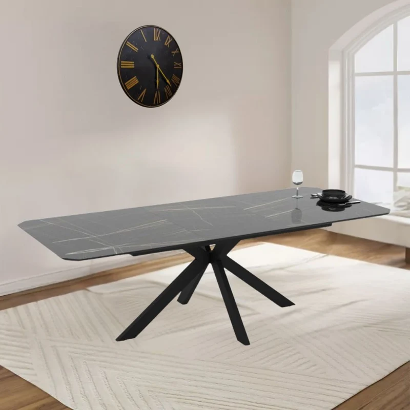 Tavolo allungabile con piano effetto marmo nero gold lucido e gambe in metallo nero 180x100 cm Opera