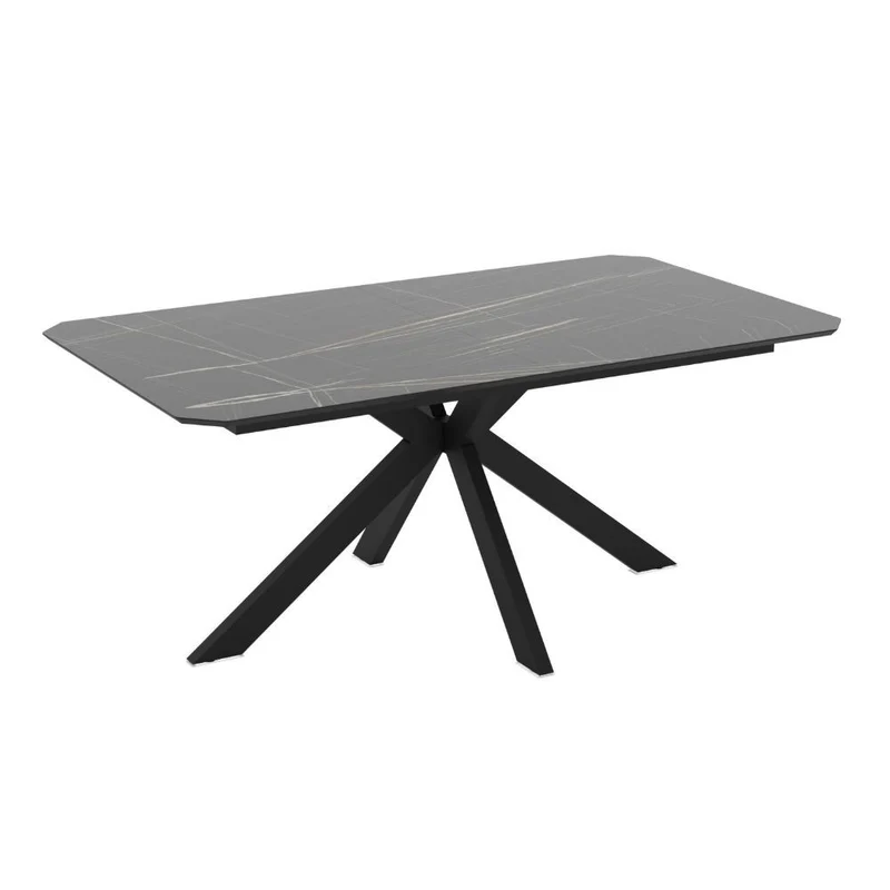 Tavolo allungabile con piano effetto marmo nero gold lucido e gambe in metallo nero 180x100 cm Opera