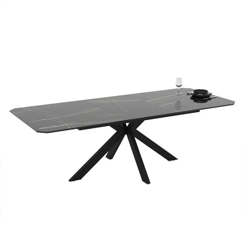 Tavolo allungabile con piano effetto marmo nero gold lucido e gambe in metallo nero 180x100 cm Opera