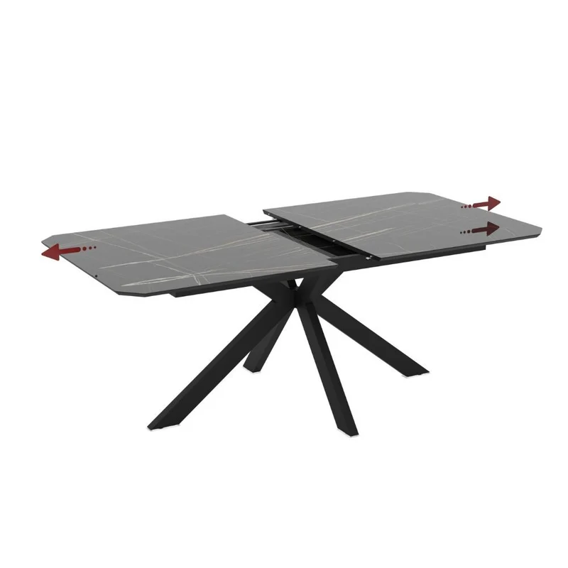 Tavolo allungabile con piano effetto marmo nero gold lucido e gambe in metallo nero 180x100 cm Opera