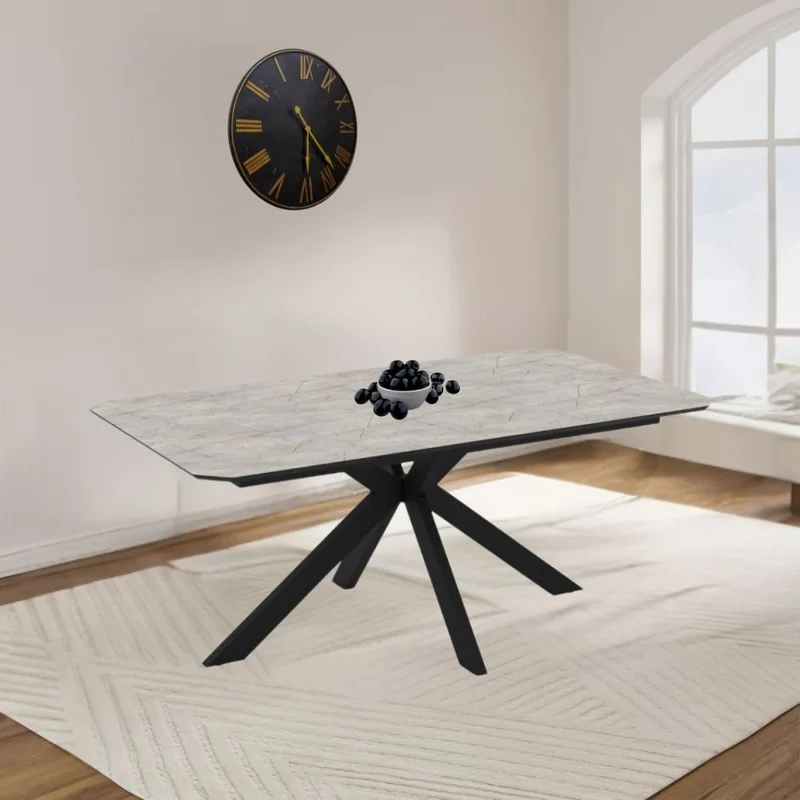 Tavolo allungabile con piano effetto marmo grigio opaco e gambe in metallo nero 180x100 cm Opera