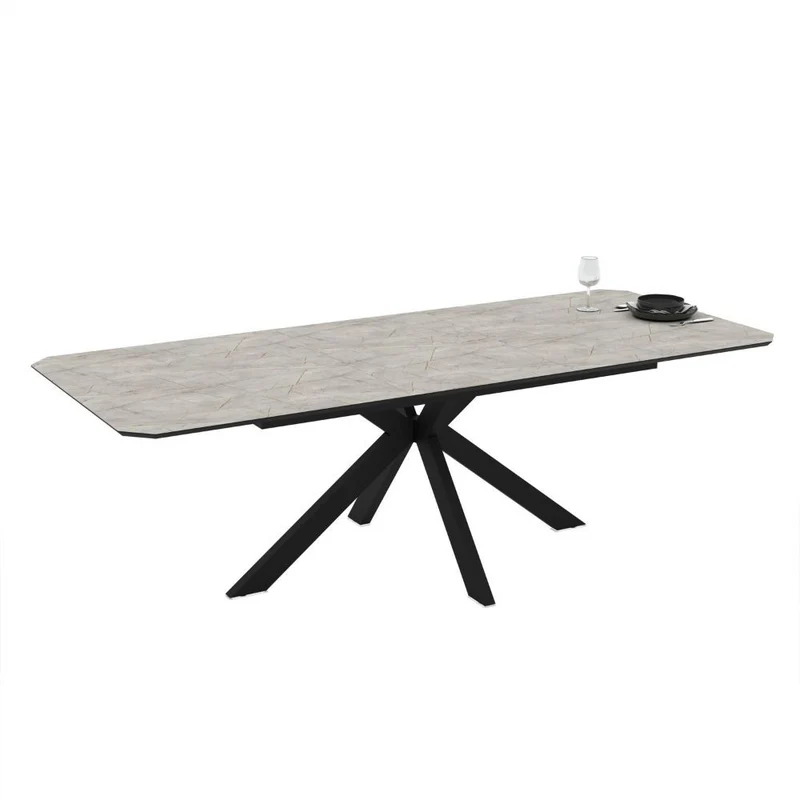 Tavolo allungabile con piano effetto marmo grigio opaco e gambe in metallo nero 180x100 cm Opera