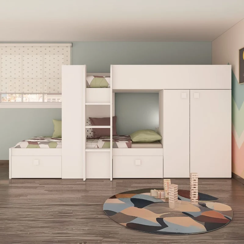Letto a castello con armadio e cassetti colore bianco 295x110x150H - Witt