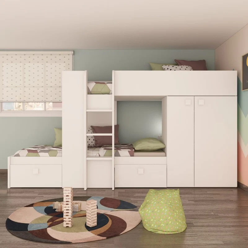 Letto a castello con armadio e cassetti colore bianco 295x110x150H - Witt