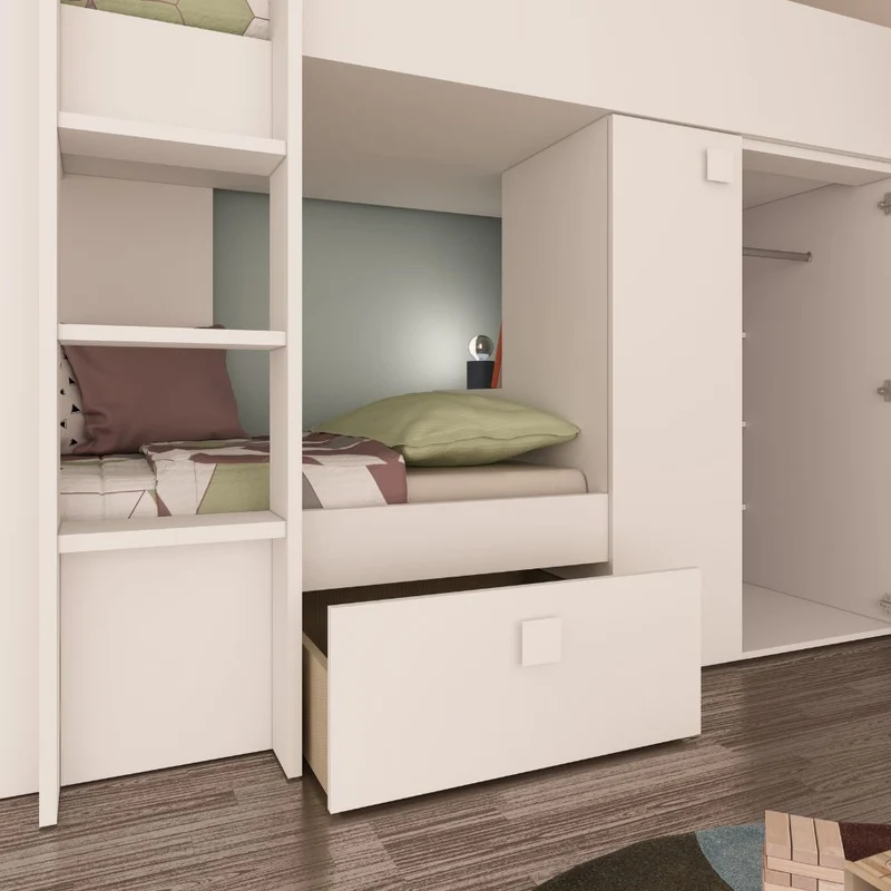 Letto a castello con armadio e cassetti colore bianco 295x110x150H - Witt