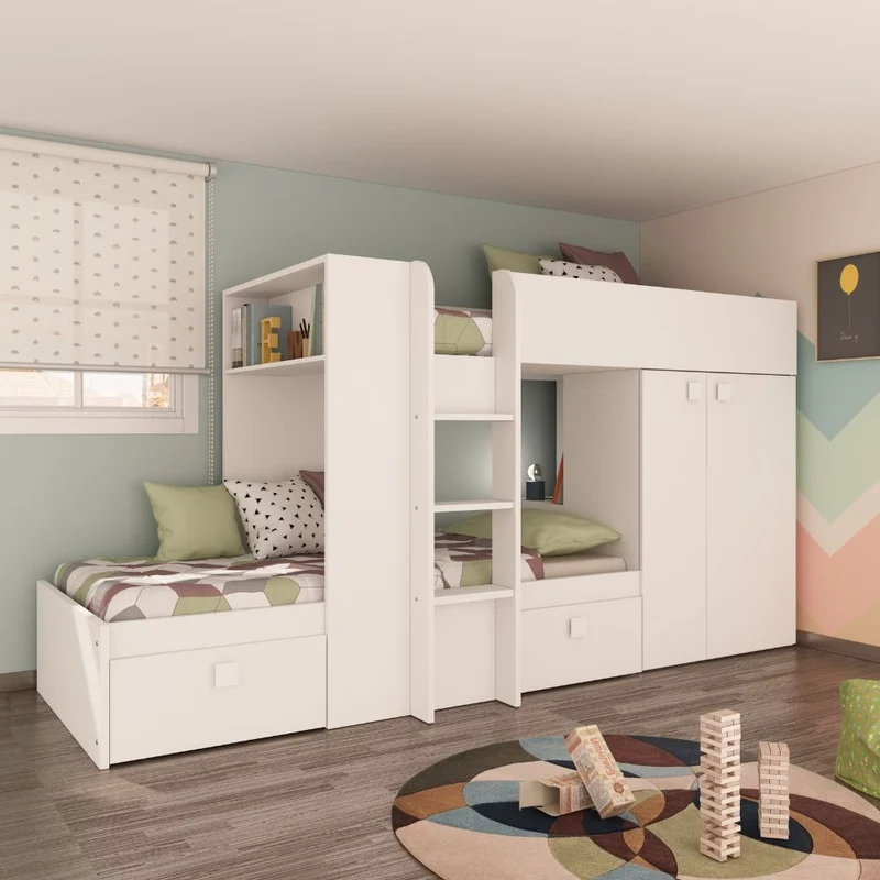 Letto a castello con armadio e cassetti colore bianco 295x110x150H - Witt