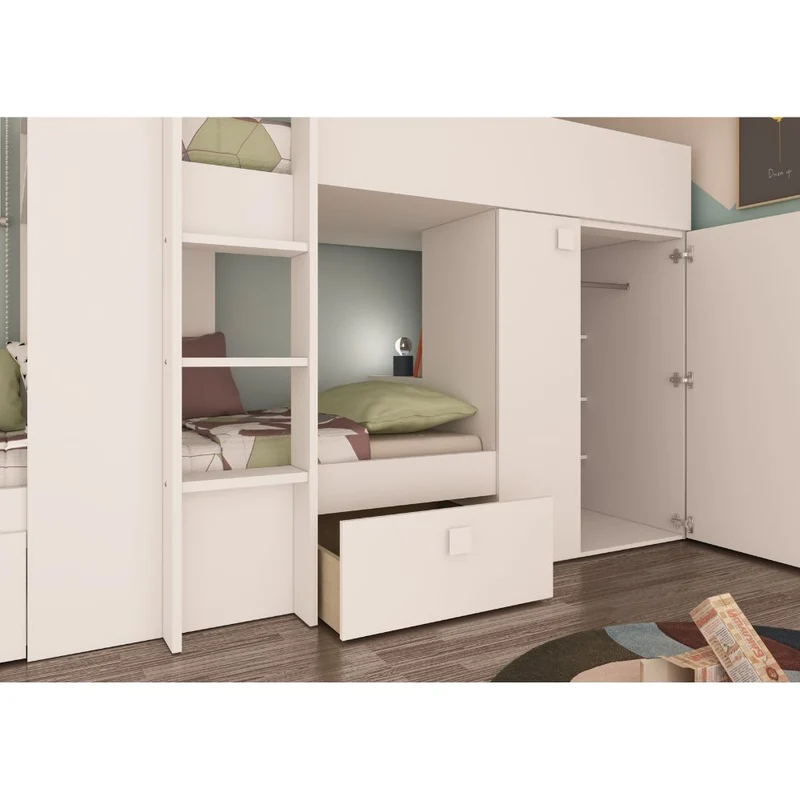 Letto a castello con armadio e cassetti colore bianco 295x110x150H - Witt