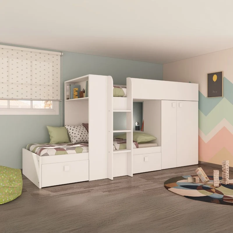 Letto a castello con armadio e cassetti colore bianco 295x110x150H - Witt