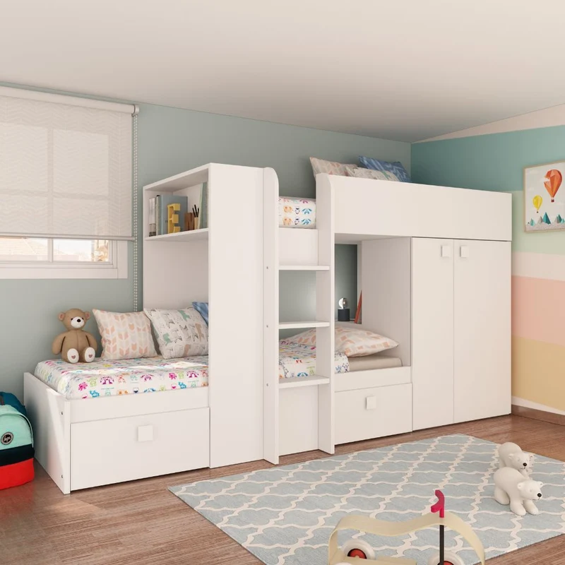 Letto a castello con armadio e cassetti colore bianco 295x110x150H - Witt