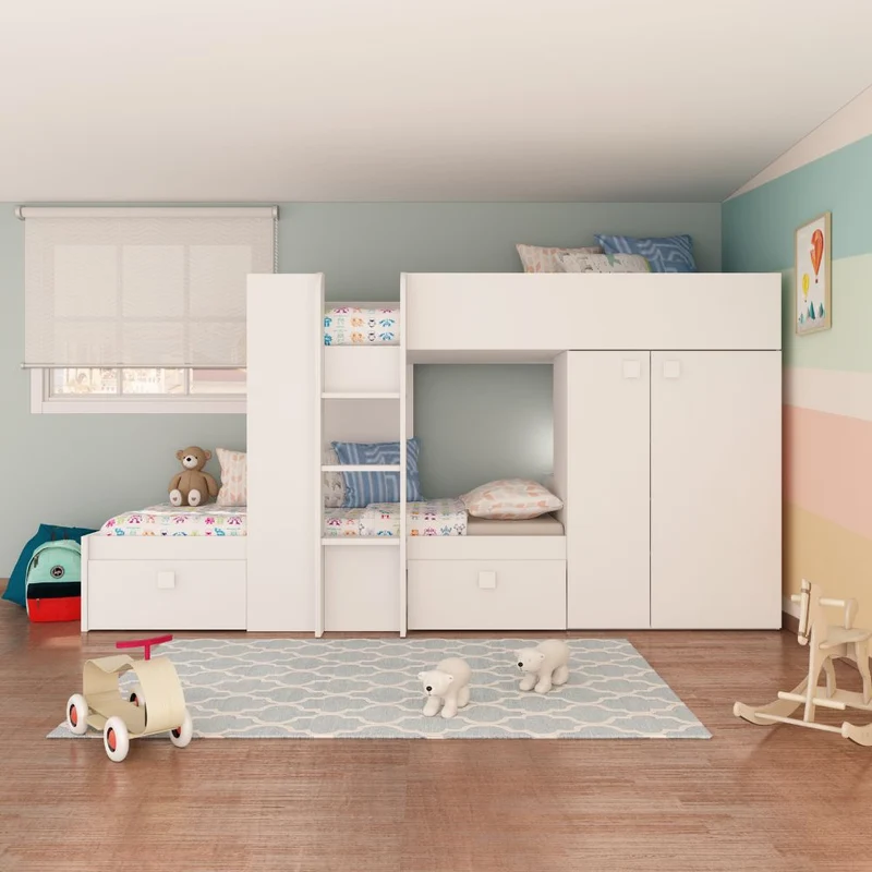 Letto a castello con armadio e cassetti colore bianco 295x110x150H - Witt