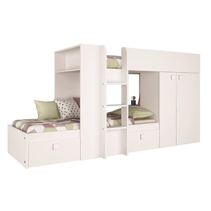 Letto a castello con armadio e cassetti colore bianco 295x110x150H - Witt