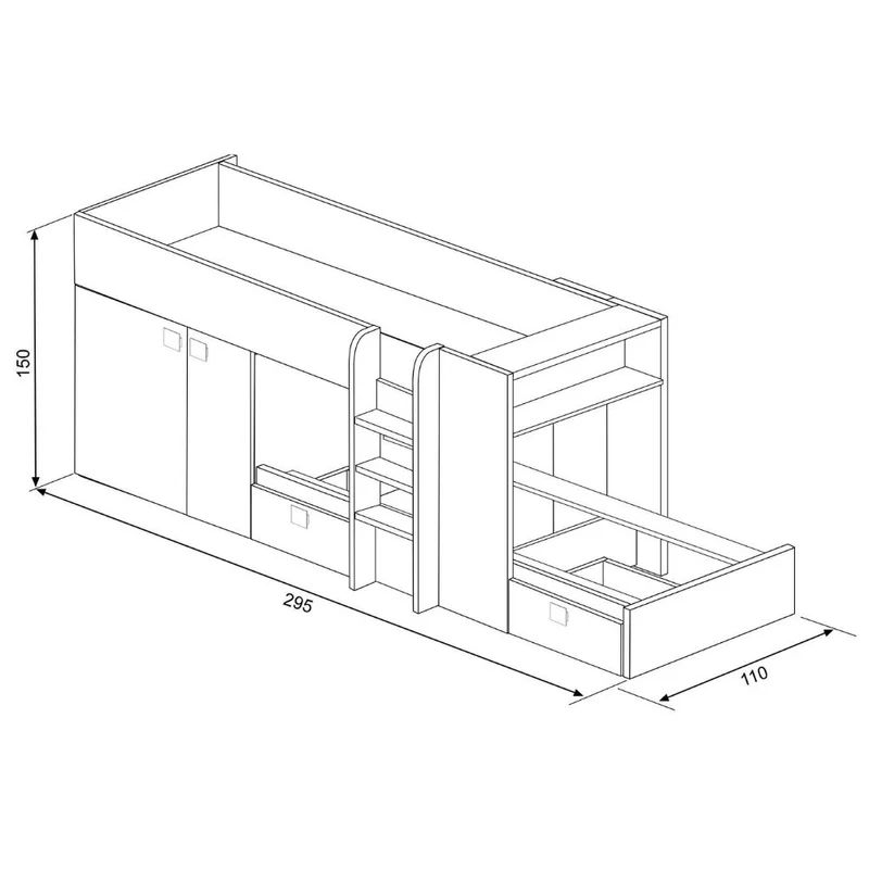 Letto a castello con armadio e cassetti colore bianco 295x110x150H - Witt