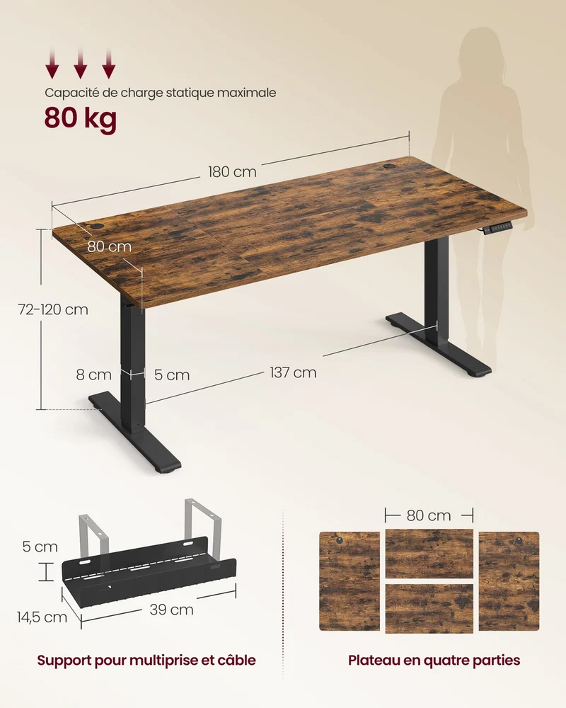 Bureau électrique réglable en hauteur 180 x 80 cm avec port USB et fonction mémoire pour télétravail en aggloméré marron 12_0012390