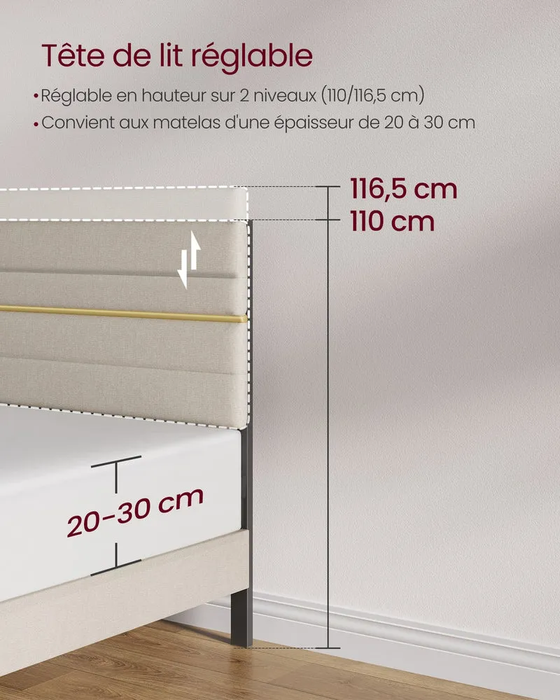 Lit double avec tête de lit rembourrée ajustable 202 x 160 x 110 cm en acier beige cappuccino 12_0012112