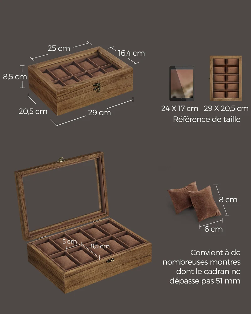 Boîte à montres 10 compartiments avec couvercle en verre élégante 20,5 x 29 x 8,5 cm en bois noisette 12_0011551