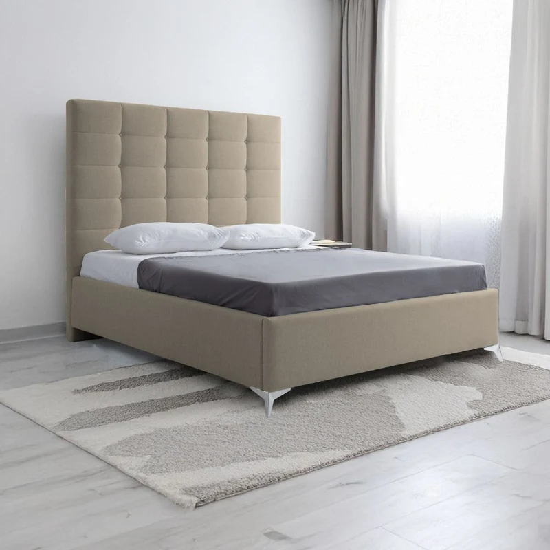 Letto matrimoniale contenitore con testiera alta in tessuto colore cappuccino - NapoliGrande
