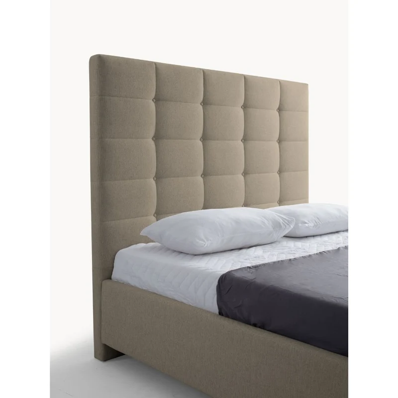 Letto matrimoniale contenitore con testiera alta in tessuto colore cappuccino - NapoliGrande
