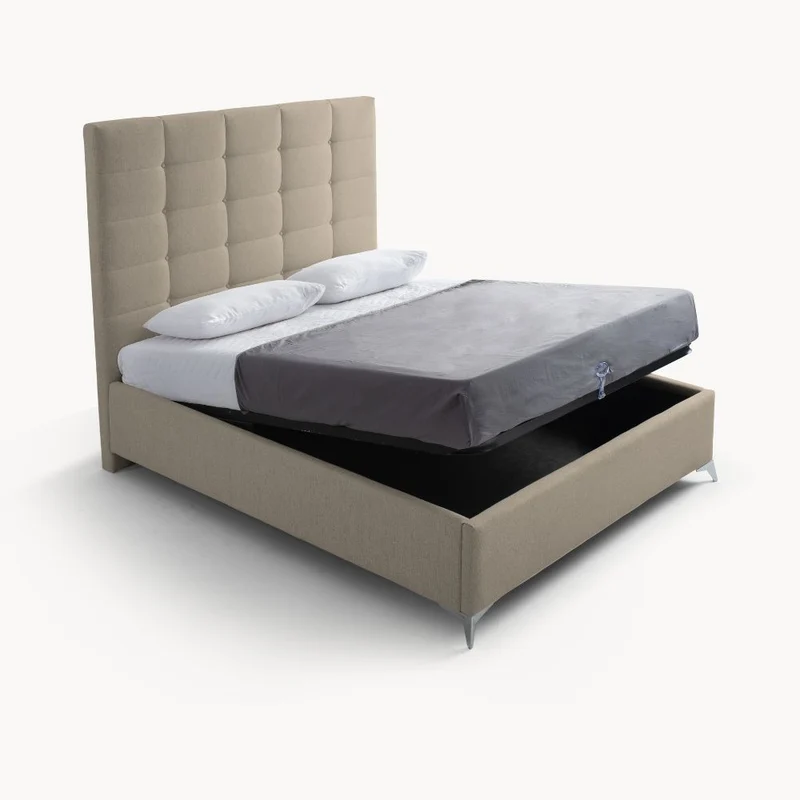Letto matrimoniale contenitore con testiera alta in tessuto colore cappuccino - NapoliGrande