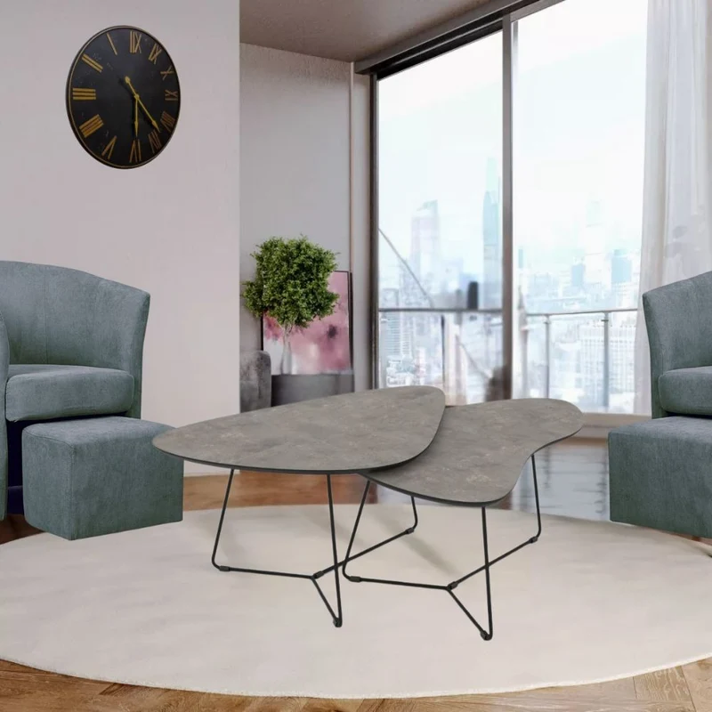 Coppia tavolini da salotto colore cemento e base in metallo nera - Silfy