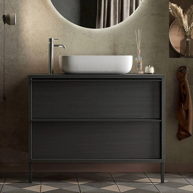 Mobile bagno nero frassinato con cassetti e lavabo appoggio incluso 105x78H cm - Nesto